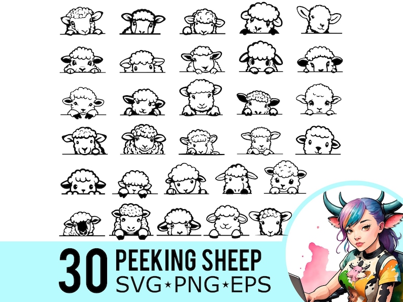 May include: A set of 30 black and white vector illustrations of sheep peeking over the top of a surface. The sheep are drawn in a cartoon style with large eyes and fluffy wool. The text "30 Peeking Sheep SVG*PNG*EPS" is at the bottom of the image.