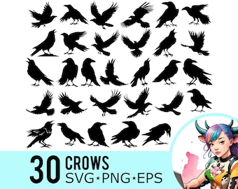 30 plantillas de siluetas de cuervo: clipart de cuervo gótico (SVG, PNG, EPS)