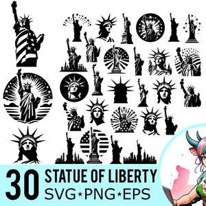 Estátua da Liberdade SVG PNG EPS clipart, silhueta do horizonte da cidade de Nova York, modelo de monumento da liberdade, arquivos cortados, download instantâneo, pacote 30