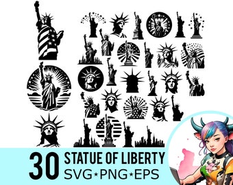 Statue of Liberty SVG PNG EPS Clipart, New York City Skyline Silhouette, Freedom Monument Template, Cut Files, Instant Download, 30 Bundle