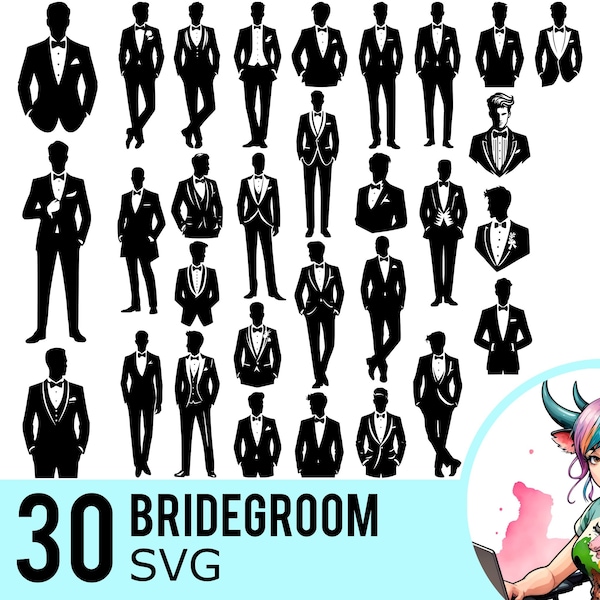 Groom SVG clipart, Bridegroom Silhouette, Wedding Tuxedo Template, Cut Files, Instant Download, 30 SVG Bundle Templates, 668