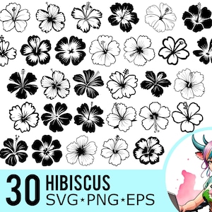 Hibiskus SVG PNG EPS Clipart, Hawaii-Blumen-Silhouette, Hawaiianische Blumen Vorlage, Schnittdateien, Sofort-Download, 30 Bundle-Vorlagen, 431