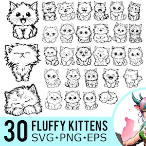 Fluffy Kitten SVG PNG EPS Clipart, Cute Kittens Silhouette, Baby Cat Template, Cats Cut Files, Instant Download, 30 Bundle Templates, 596