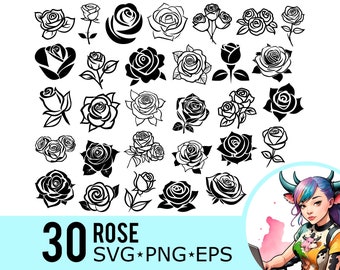 Rose Silhouette Clipart: 30 Floral Vector Cut Files (SVG, PNG, EPS) (Instant Download)