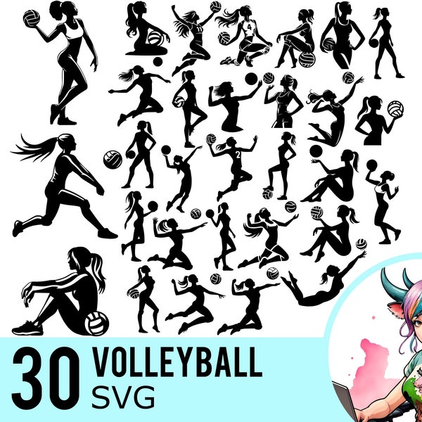 Volleyball SVG Clipart, Beach Volley Ball Silhouette, Female Player Sport Template, Cut Files, Instant Download, 30 Bundle Templates, 690
