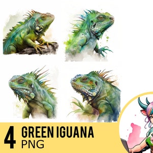 Green Iguana Watercolor Clipart: Lizard Portrait 4 PNG (Commercial Use)