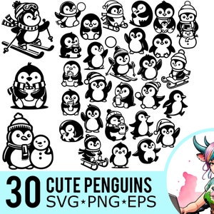 Schattige pinguïn SVG PNG EPS clipart, winter baby pinguïns silhouet, skiën sleeën Coco cut-bestanden, instant download, 30 bundel sjablonen