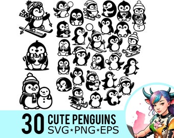 Cute Penguin SVG PNG EPS Clipart, Winter Baby Penguins Silhouette, Skiing Sledging Coco Cut Files, Instant Download, 30 Bundle Templates