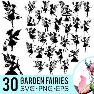 Fée du jardin SVG PNG EPS Clipart, Silhouette de fées magiques, modèle de jardinage fantastique, couper des fichiers, téléchargement immédiat, 30 modèles de lot