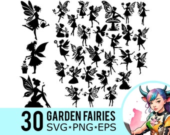 Garden Fairy SVG PNG EPS Clipart, Magical Fairies Silhouette, Fantasy Gardening Template, Cut Files, Instant Download, 30 Bundle Templates