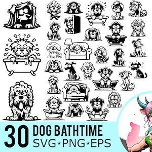Dog Bathtime SVG PNG EPS Clipart, Funny Cute Bathtub Dogs Silhouette, Cartoon Bath Time Cut Files, Instant Download, 30 Bundle Templates