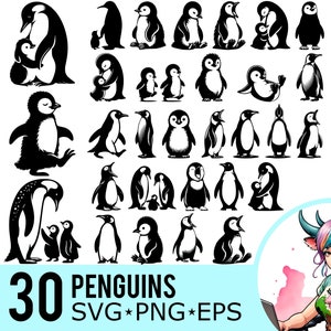 Pinguine SVG PNG EPS Clipart, Baby Pinguin Silhouette, Kaiserpinguin Vorlage, Vektorschnittdateien, Sofortiger Download, 30 Bundle-Vorlagen