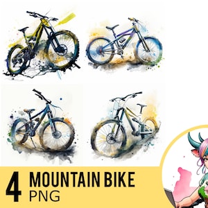 Pode incluir: Quatro ilustrações de aquarela de bicicletas de montanha em várias cores. Cada bicicleta é representada em um fundo branco com respingos de cor.