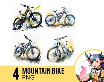 Watercolor Mountain Bike Clipart: Four PNG Images (Commercial Use)
