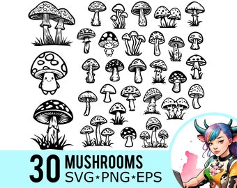 Paquete de imágenes prediseñadas de hongos: siluetas de hongos venenosos (archivos vectoriales cortados, SVG, PNG y EPS)