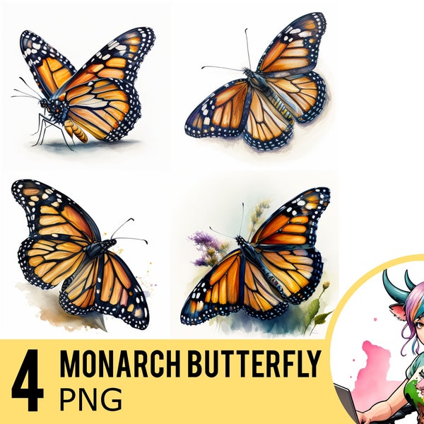Monarch Butterfly Watercolor PNG clipart, Butterfly Portrait Watercolour, Instant Download, Commercial Use, Four Separate PNG Images, UD228