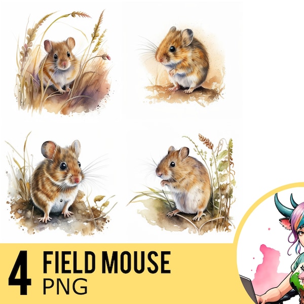 Feldmaus Aquarell PNG Clipart, Maus Portrait PNG Aquarell, sofortiger Download, kommerzielle Nutzung, Vier separate PNG Bilder, UD55