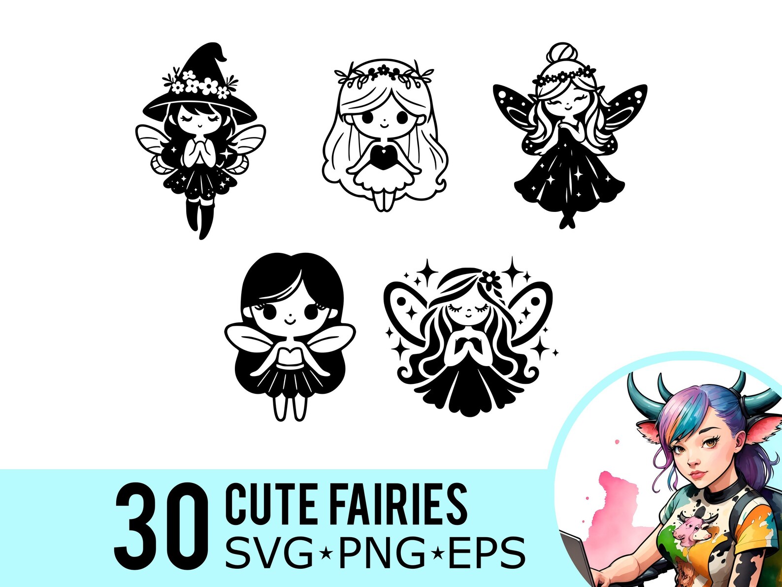 Cute Fairy SVG PNG EPS Clipart, Cartoon Fairies Silhouette, Fantasy ...