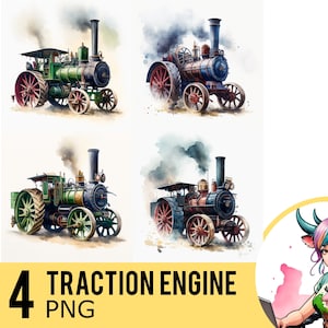 Peut inclure: Quatre illustrations à l'aquarelle de moteurs à traction à vapeur vintage. Chaque moteur est représenté avec un panache de fumée et est placé sur un fond aquarelle.