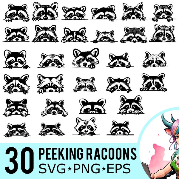 Peeking Racoon SVG PNG EPS Clipart, Funny Animal Silhouette, Printable Decal Template, Cut Files, Instant Download, 30 Bundle Templates, 538
