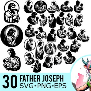Joseph SVG PNG EPS Clipart, biddende vader Joseph silhouet, Baby Jezus sjabloon, vector gesneden bestanden, Instant Download, 30 bundel sjablonen