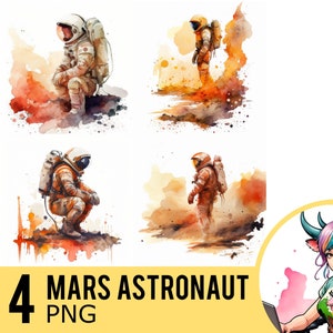 Clipart aquarelle de l&#39;astronaute martien : quatre images PNG (téléchargement numérique)