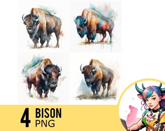 Watercolor Bison Portrait PNG Clipart: 4 Digital Images (Commercial Use)