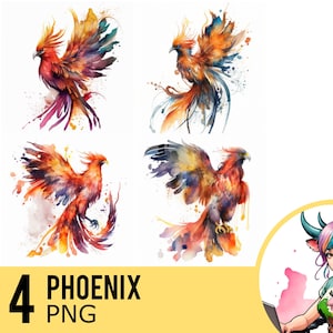Phoenix Aquarelle PNG clipart, Immortal Bird Portrait Aquarelle PNG, Téléchargement instantané, Utilisation commerciale, Quatre Images PNG distinctes, UD260