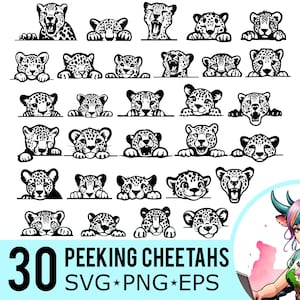 Peut inclure: Un ensemble de 30 illustrations vectorielles en noir et blanc de visages de gu&eacute;pards qui regardent par-dessus un bord. Les visages de gu&eacute;pards sont dans diverses poses, certains avec la bouche ouverte et d'autres avec la bouche ferm&eacute;e. Les illustrations sont parfaites pour une utilisation dans des projets d'artisanat, du scrapbooking ou de la conception num&eacute;rique.