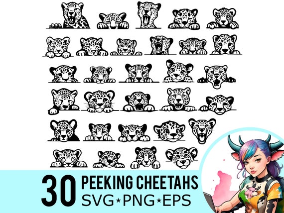 Peeking Cheetah Silhouette: 30 Africa Cat Face Templates (SVG PNG EPS) (Instant Download)