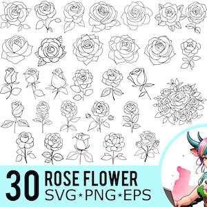 Rosa SVG PNG EPS Clipart, Silueta de rosa, Plantilla Svg de rosas, Contorno de flores Svg, Archivos de corte, Descarga instantánea, Paquete de 30 plantillas