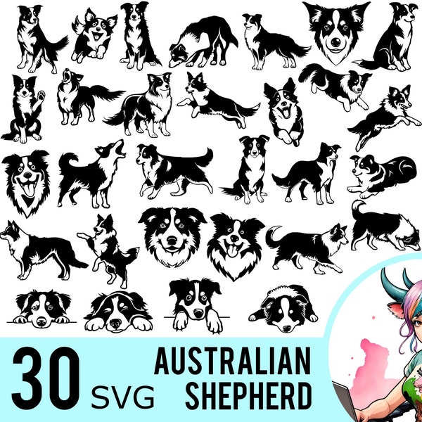 Pastor australiano SVG clipart, silueta de perro, plantilla Svg de pastores, Svg para mascotas, archivos de corte, descarga instantánea, 30 plantillas de paquete SVG, 418