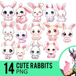 Niedliche Kaninchen Clipart PNG, Kawaii Hasen Clip Art, Anime Hasen PNG, sofortiger Download, kommerzielle Nutzung, 12 transparente PNG Bilder, UD461