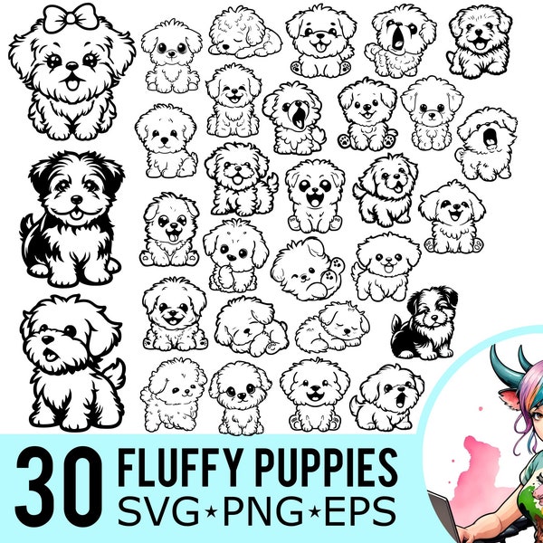 Puppy SVG PNG EPS Clipart, Cute Fluffy Puppies Template, Dog Lover Silhouette, Vector Cut Files, Instant Download, 30 Bundle Templates, 598