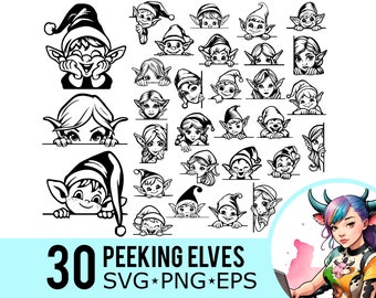 Silueta de elfo asomado: 30 archivos de corte de elfos navideños (SVG, PNG, EPS) (Descarga digital)