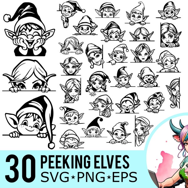 Peeking Elf SVG PNG EPS Clipart, Christmas Elves Silhouette, Holiday Elfs Face Template, Cut Files, Instant Download, 30 Bundle Templates