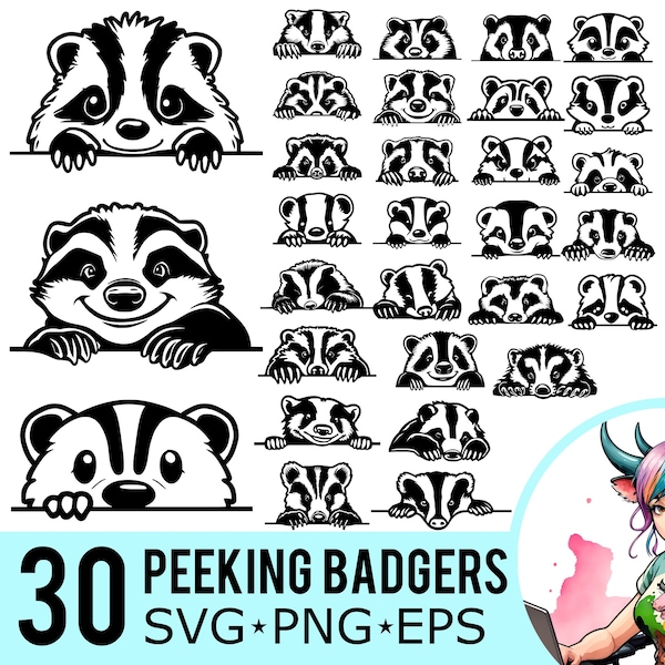 Peeking Badger SVG PNG EPS Clipart, Cute Badgers Face Silhouette, Forest Animals Template, Cut Files, Instant Download, 30 Bundle Templates