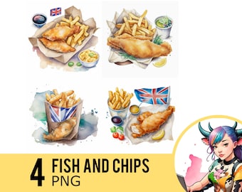 Fish and Chips Watercolor PNG clipart, English Food Portrait Watercolour, Instant Download, Commercial Use, Four Separate PNG Images, UD272