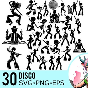 Disco SVG PNG Eps clipart, silhueta de festa de DJ dos anos setenta, modelo de dançarino dos anos 70, arquivos de corte de dança, download instantâneo, 30 modelos de pacote, 658
