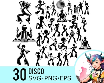 Puede incluir: Siluetas negras de bailarines y DJs de discoteca en varias poses. La imagen incluye una bola de discoteca y un altavoz. El texto en la parte inferior dice "30 DISCO SVG*PNG*EPS".