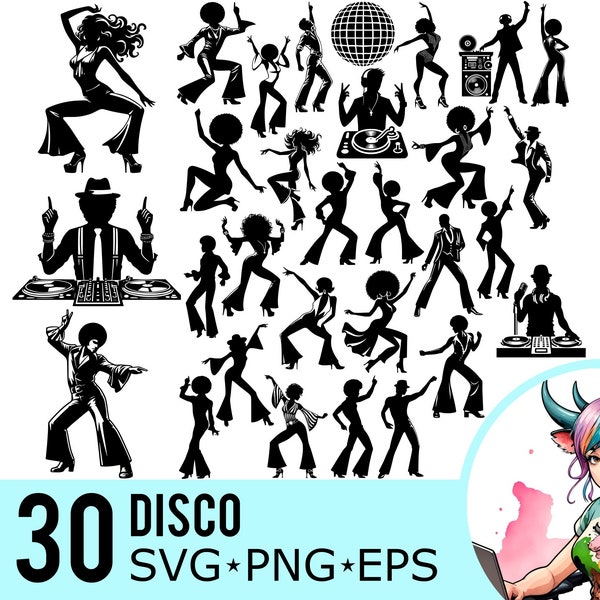 Disco SVG PNG Eps Clipart, Seventies DJ Party Silhouette, 70s Dancer Template, Dancing Cut Files, Instant Download, 30 Bundle Templates, 658