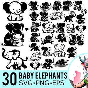 Babyolifant SVG PNG EPS Clipart, schattig Safari dier silhouet, baby shower sjabloon, bestanden knippen, Instant Download, 30 bundel sjablonen