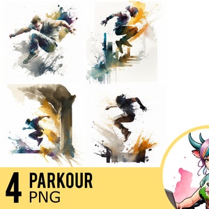Parkour Watercolor PNG clipart, Parkour Portrait Watercolour PNG, Instant Download, Commercial Use, Four Separate PNG Images, UD322