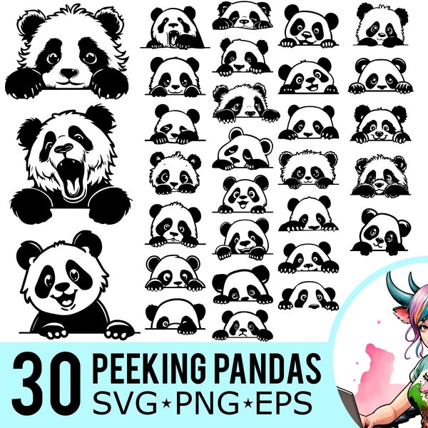 Peeking Panda SVG PNG EPS Clipart, Silhouette de pandas mignons, modèle de visage Kawaii, fichiers de coupe vectorielle, téléchargement immédiat, 30 modèles de lot