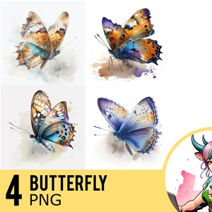 Watercolor Butterfly Clipart: 4 PNG Digital Files (Commercial Use)