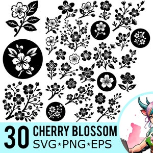 Kirschblüte SVG PNG EPS Clipart, Blumenzweig Silhouette, Sakura Vorlage, Vektorschnittdateien, Sofortiger Download, 30 Bundle-Vorlagen, 669