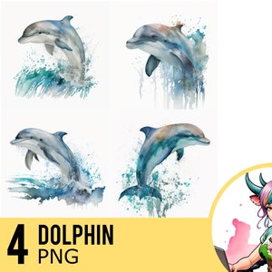 Dauphin aquarelle PNG clipart, Dauphin Portrait PNG aquarelle, téléchargement immédiat, usage Commercial, quatre Image PNG distincte, UD146