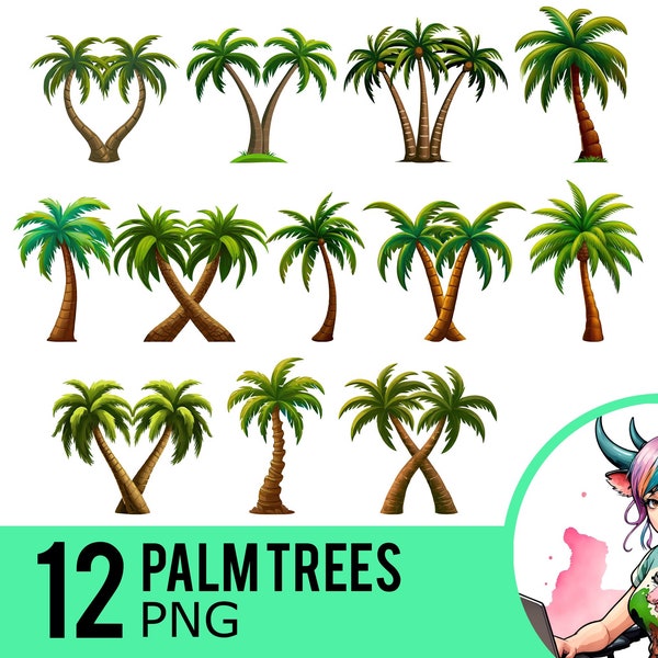 Palm Tree Clipart PNG, Coconut Trees Clip Art, Summer Holiday Beach Graphics, Instant Download, Commercial Use, 12 Transparent PNG Images