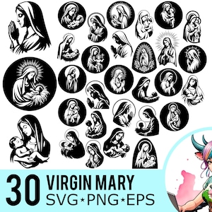 Vergine Maria SVG PNG EPS Clipart, Silhouette di Madre Maria in preghiera, Modello di Gesù Bambino, File di taglio vettoriale, Download istantaneo, 30 modelli di bundle