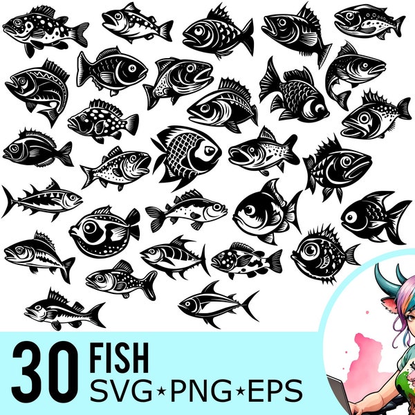 Fish SVG PNG EPS Clipart, Sea Life Silhouette, Trout Tuna Goldfish Cod Salmon Pufferfish, Cut Files, Instant Download, 30 Bundle Templates
